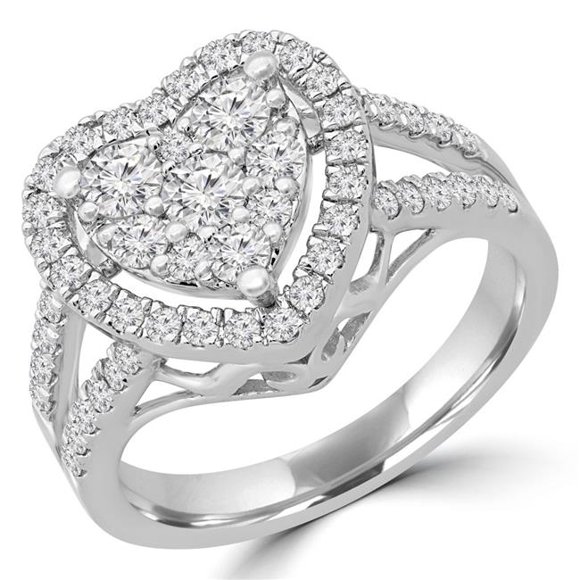 Majesty Diamonds MDR190066-6 0.9 CTW Round Diamond Split Shank Heart Cluster Halo Cocktail Ring in 14K White Gold - Size 6