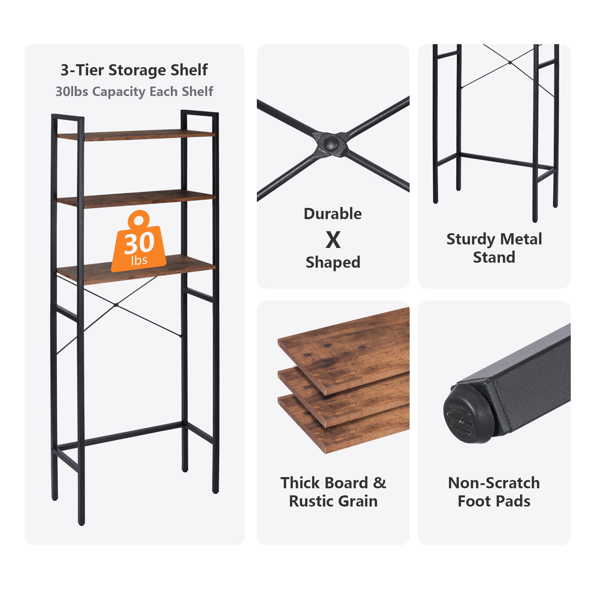 HomGarden Over-The-Toilet Storage 3-Shelf Industrial Bathroom SpaceSaver MDF Organizer Rustic Brown