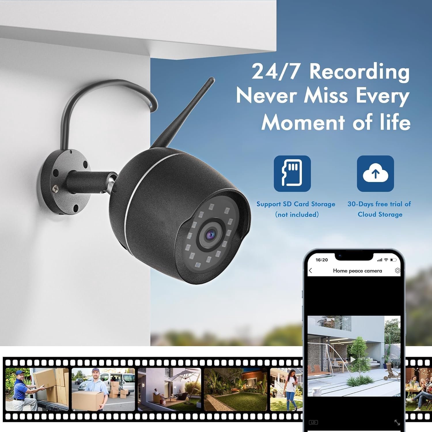 RICHCHO Outside Cameras for Home Security, 1080p Surveillance Cameras Wireless Outdoor with Night Vision Motion Detection, Black, 2-Pack