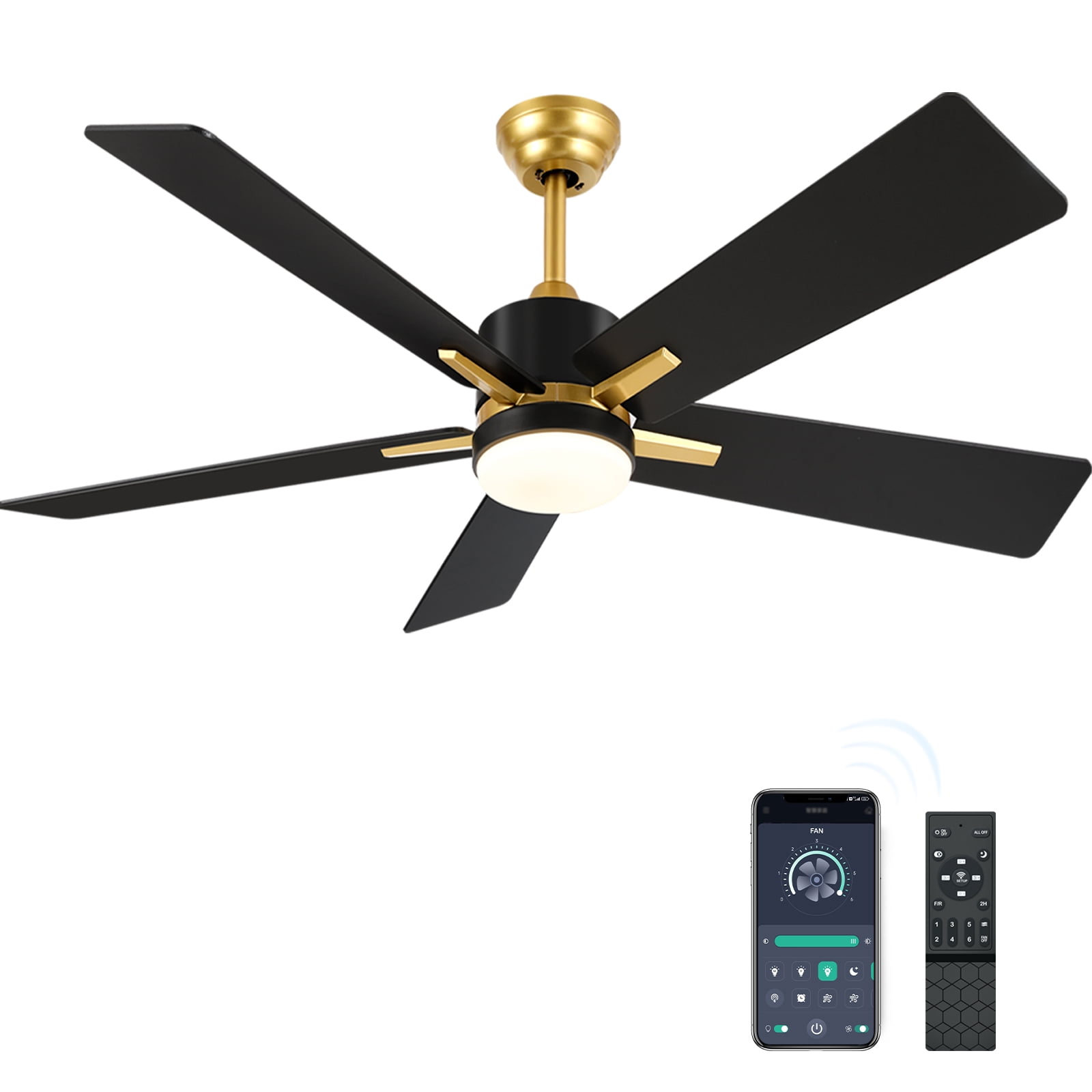 Uforic 52 Inch Modern Ceiling Fan with Light and Remote,APP Control,6 Speed, 5 Blades,Reversible Airflow for Indoor - Black & Gold