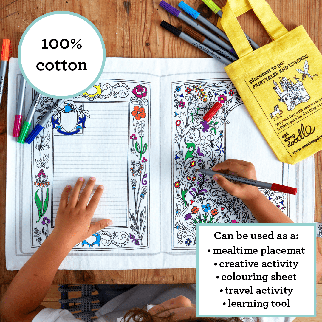 eatsleepdoodle Coloring Cotton Placemat with Washable Markers - Fairy Tale and Princess Color in Activity Craft Kit for Girls and Boys Age 3+
