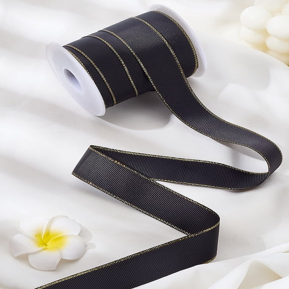15.31~16.40 Yards 1 Inch Polyester Grosgrain Ribbon Gold Edged Ribbon with Empty Spools Black Fabric Wrapping Trim