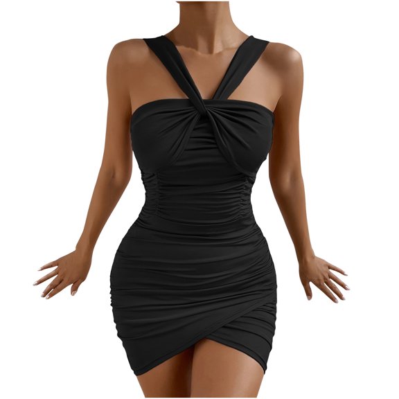 IROINNID Sheath Dress For Women Fashion Sexy Sleeveless V-Neck Suspender Cross Twisted Backless Package Hip Dress Short Solid Color Dress