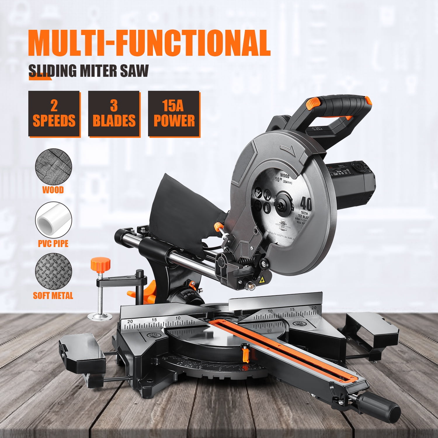 DOVAMAN 10-Inch Sliding Compound Miter Saw, 15-Amp Power Miter Saw with 3 Blades, Dual-Speed 4500/3200 RPM Sliding Miter Saw for Wood, PVC & Soft Metal, Laser Guide