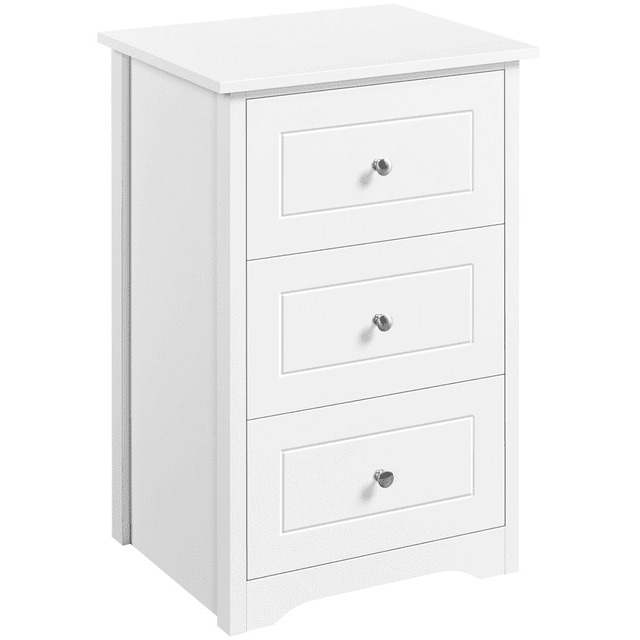 Modern white wooden end table featuring three drawers with silver round knobs for storage.