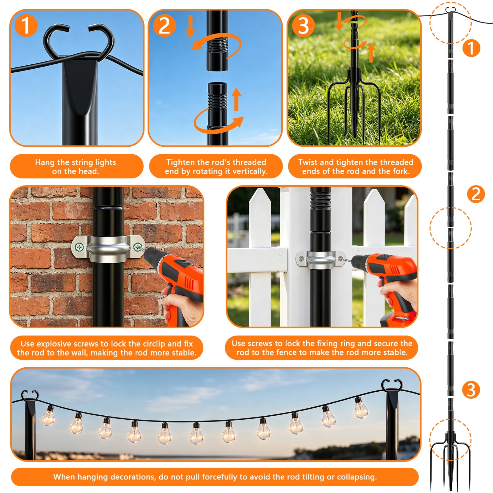 JYTOBN 10Ft String Light Poles 8 pack,Poles for Hanging Outdoor String Lights with Fork and Fence Clamp,Freestanding or Mounted on Fence/Deck/Patio