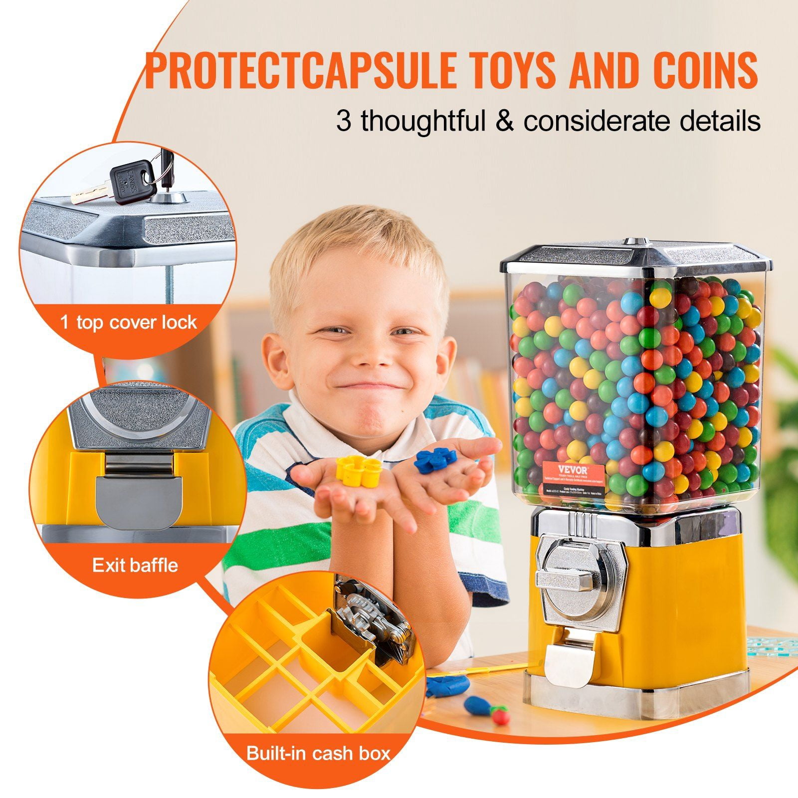 Gumball Machine , 17" Candy Dispenser, Coin Operated, PC Vending Machine for Bouncy Balls & Capsules, Yellow Retro Candy Bank