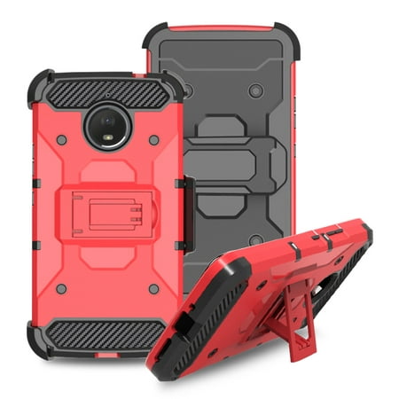 Moto E4 Plus Case, Dual Layers [Combo Holster] Case And Built-In Kickstand Bundled with [Premium Screen Protector] Hybird Shockproof And Circlemalls Stylus Pen (Red)