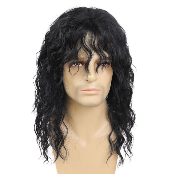 GNIMEGIL Pelucas rockeras de los años 70 y 80 para hombres, peluca negra larga y rizada, color natural, disfraz de Halloween, peluca de anime con flequillo