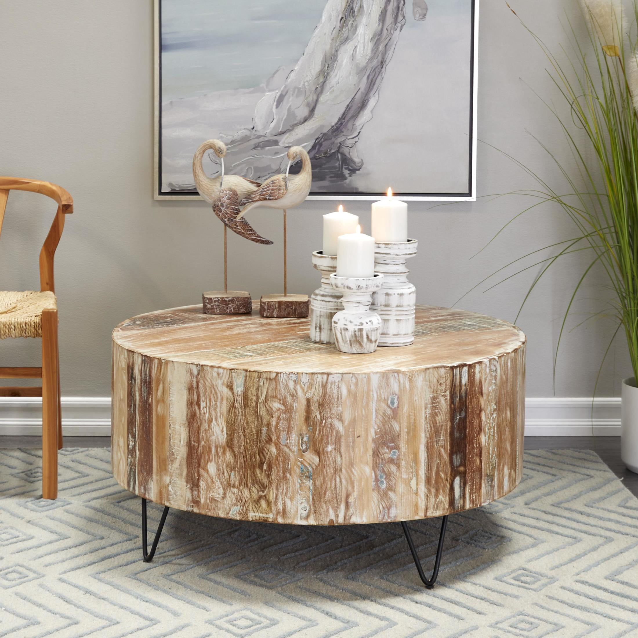DecMode Rustic Wood Round Coffee Table with V Shaped Legs and Organic Brown/White Washed Finish , 37"W x 18"H