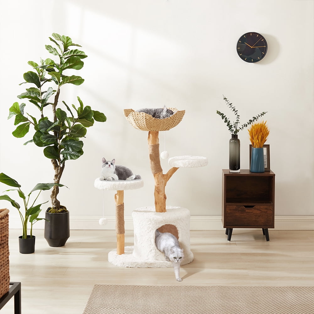 Unipaws Modern Cat Tree Tower for Small and Large Cats, Real Solid Wood Branch Luxury Cat Condo with Scratching Post and Cat Bed