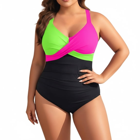Plus Size One Piece Swimsuit - Women's Tummy Control Bathing Suit Retro Full Coverage Swimwear 2026/Hot Pink/L