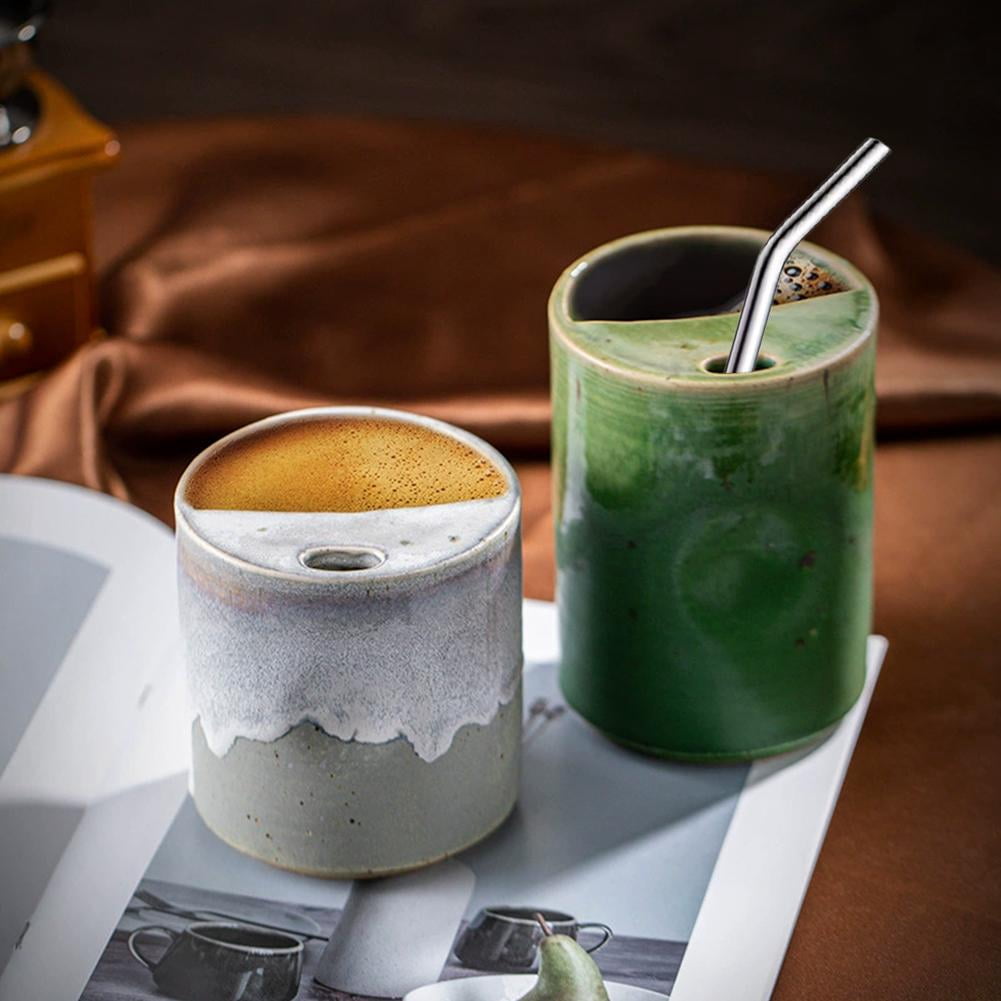 18oz Vintage Kiln Ceramic Coffee Mug with Sip Hole,Retro Art Ceramic Coffee Cups Espresso Cup with Straws,Hand Painted CeramicCup Heat Resistant Non Slip,CeramicCup Gift for CoffeeLovers