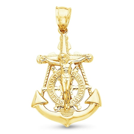 14k Gold Mariners Cross - 14K Yellow Gold Ornate Religious Mariner Anchor Catholic Crucifix Cross Pendant Charm (25x19 mm)