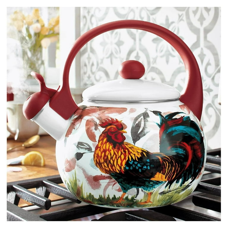 saney Red Rooster Whistling Tea Kettle 1.7 qt. Capacity Detailed Decal Enameled Hand Wash 9 W x 8.25 H x 7.25 D Walmart