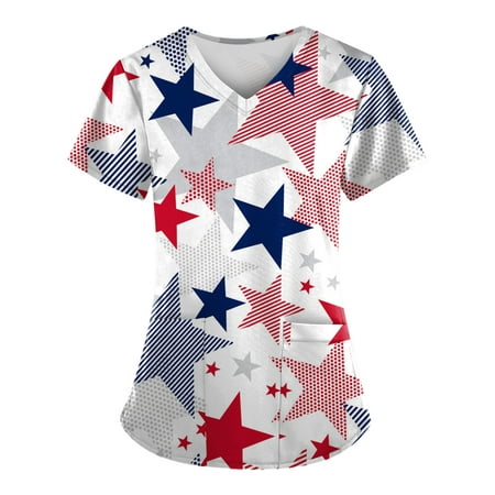 

Sksloeg Scrub Tops Women American Flag Stars Stripes Pattern Blouse Short Sleeve Nurse Working Uniform V Neck Graphic Scrub Shirts Dark Blue S