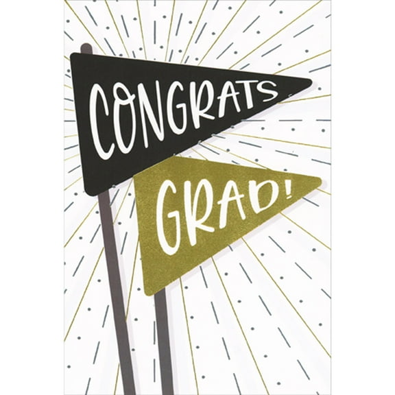 Pictura Congrats Grad: Black and Gold Foil Pennant Flags and Foil Line Starbursts Congratulations Graduation Card