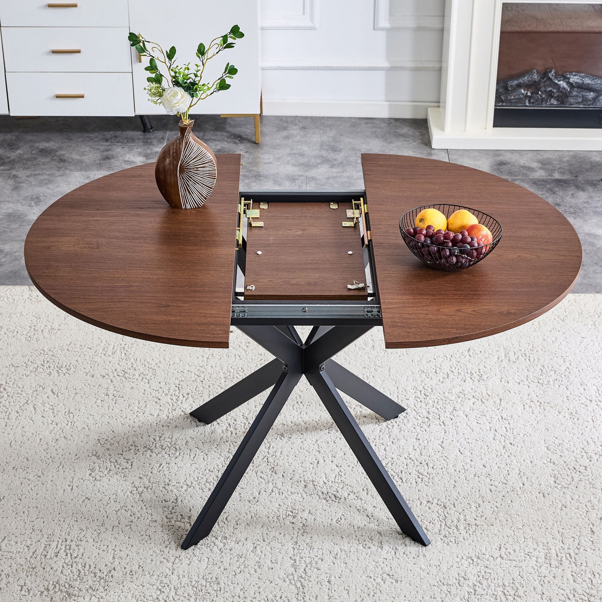 Alvantor 43"-54" Extendable Round Dining Table with Metal Legs, Walnut