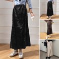 thumbnail image 2 of Women Fishtail Skirt Elastic High Waist A-Line Mid-calf Length Skirt Solid Color Velvet Large Hem Skirt Daily Wear, 2 of 7