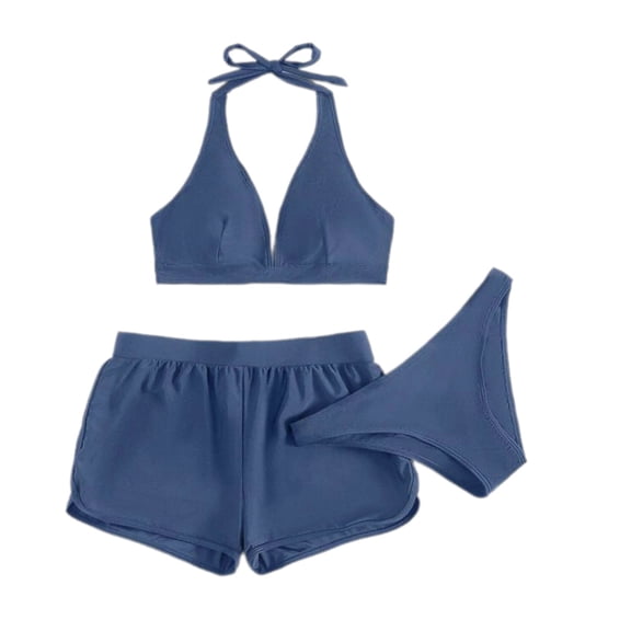 3PCS Women Triangle Bikinis Bathing Suit with Swim Shorts, Ladies Swimming Costumes Halter Neck Bikinis Top and Bottom
