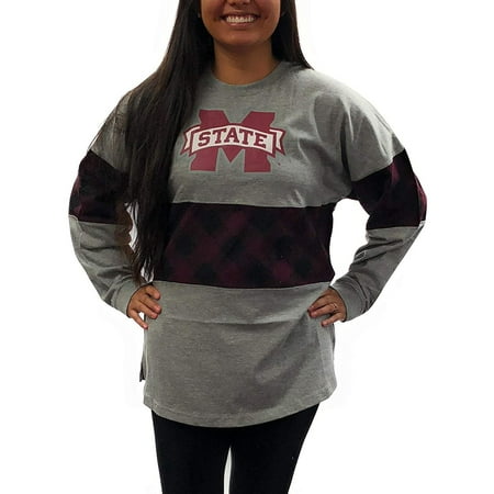 Mississippi State University Alumni - Mississippi State Bulldogs Womens Oversized Tee; Long Sleeve Plaid Stripe T - Shirt University Apparel Clothing