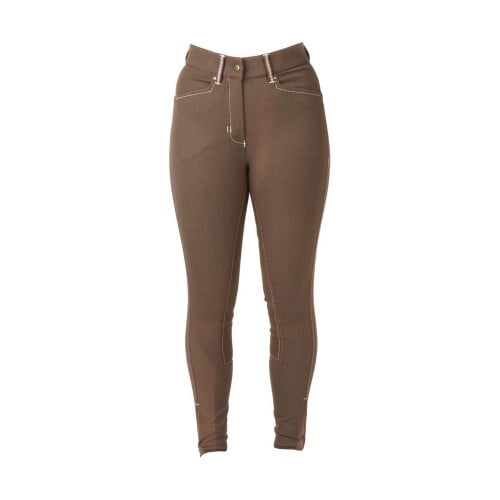 HYPERFORMANCE DENIM LOOK WITH LEATHER SEAT LADIES BREECHES BROWN HORSE RIDING 