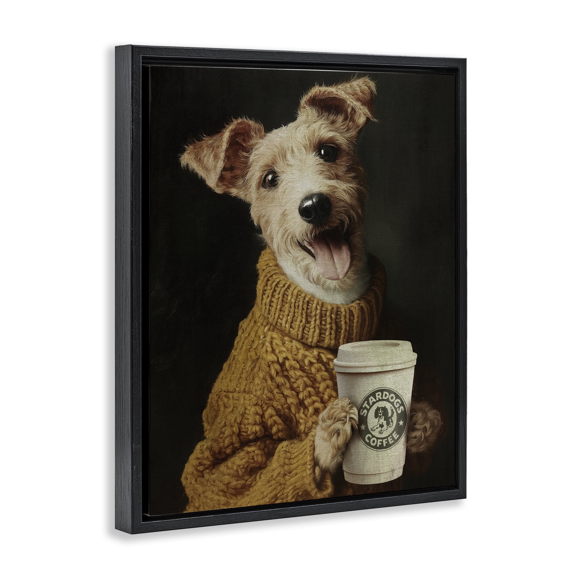 Stupell Industries Latte Lover Dog in Sweater Black Framed Floater Canvas Wall Art, design by Svetlana Aleynikova