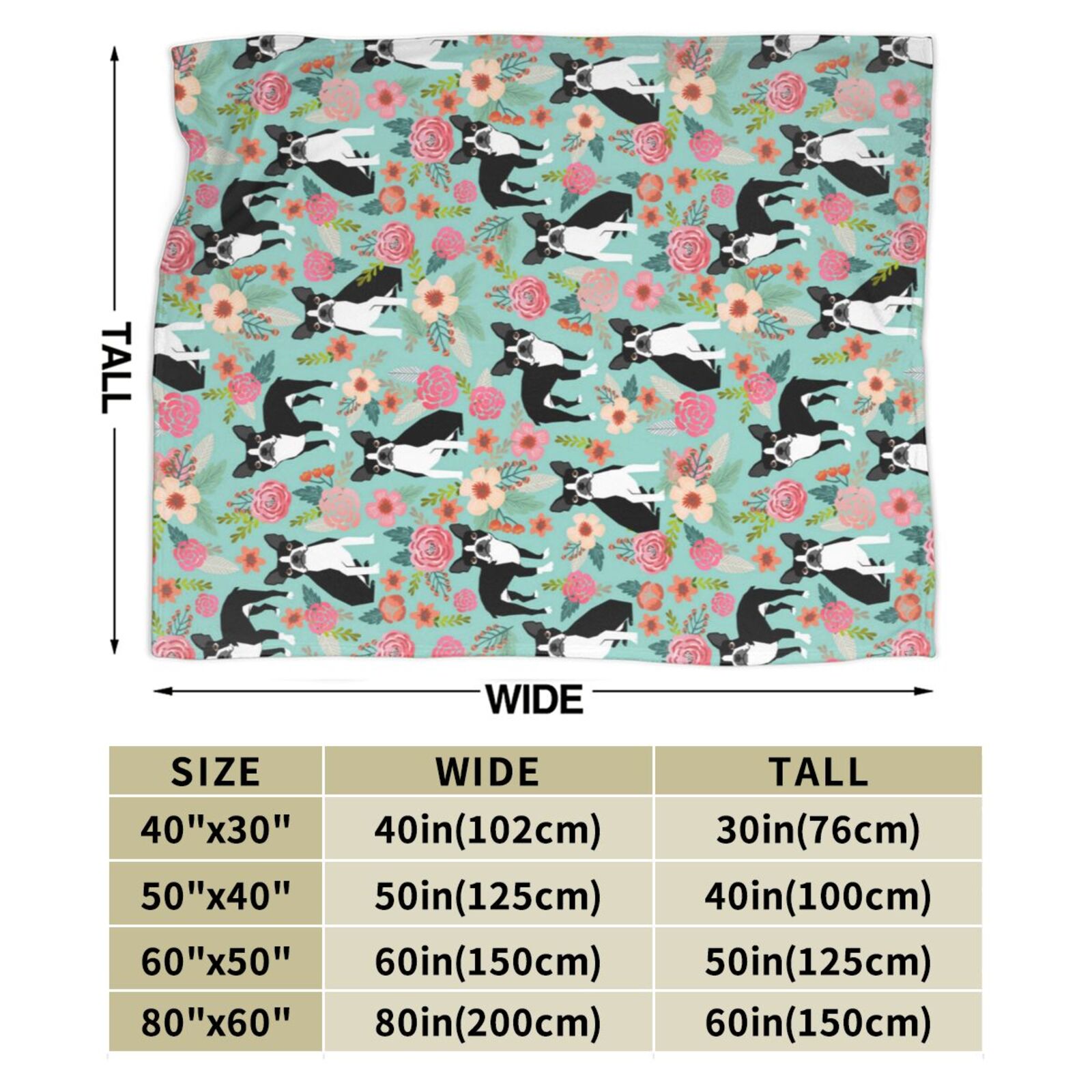 Boston Terrier Dogs Lovers Flower Floral Blanket Gifts For Kids Adults - Lightweight Throw Blanket For Bedroom Living Room Decor Soft Fuzzy Fleece Cozy Plush Bed Couch 80"X60"