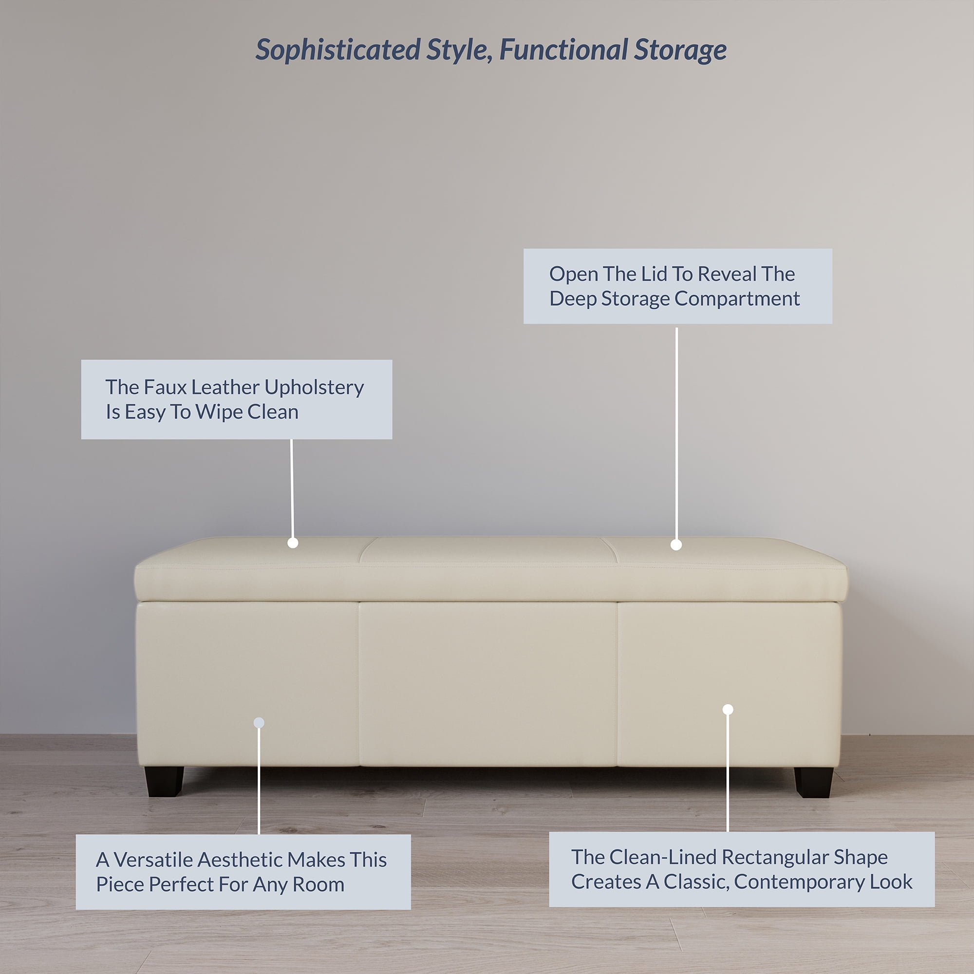 BELLEZE Storage Ottoman Bench Footstool - Amherst (Cream)