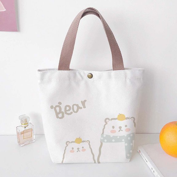 Portable Cartoon Beach Bag Cartoon Animal Printed Tote Picnic Bag Food Tote Lunch Bags Canvas Shoulder Bag KHAKI