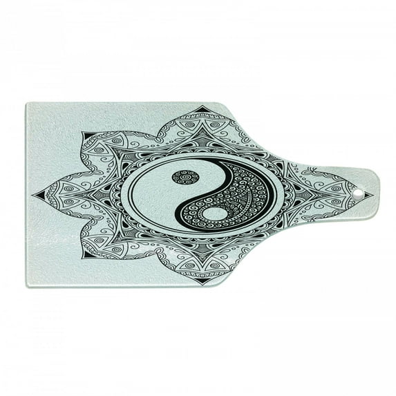 Ying Yang Cutting Board, Yin Yang Characters for Movement and Harmony Macro Cosmos Mandala Pattern, Decorative Tempered Glass Cutting and Serving Board, Wine Bottle Shape, White Black, by Ambesonne