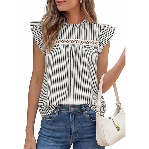 PRETTYGARDEN Striped Shirt Womens Summer Tops Spring Business Casual Work Dressy Crochet Lace Ruffle Cap Sleeve Blouse