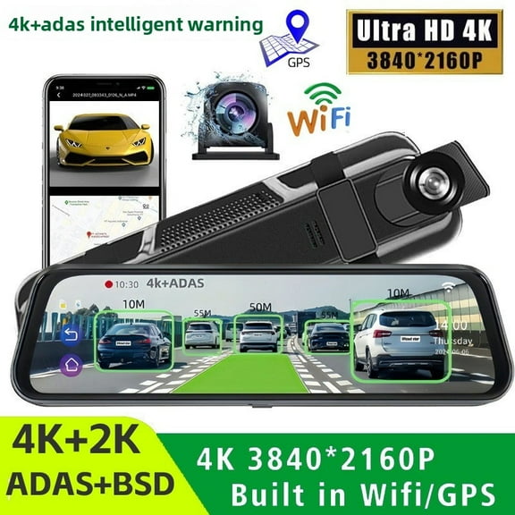 10" Mirror Dash Cam 4K Front and Rear, Touchscreen Dual Lens Car Camera with ADAS, WiFi, GPS, Night Vision, Parking Mode, 128GB Card Included