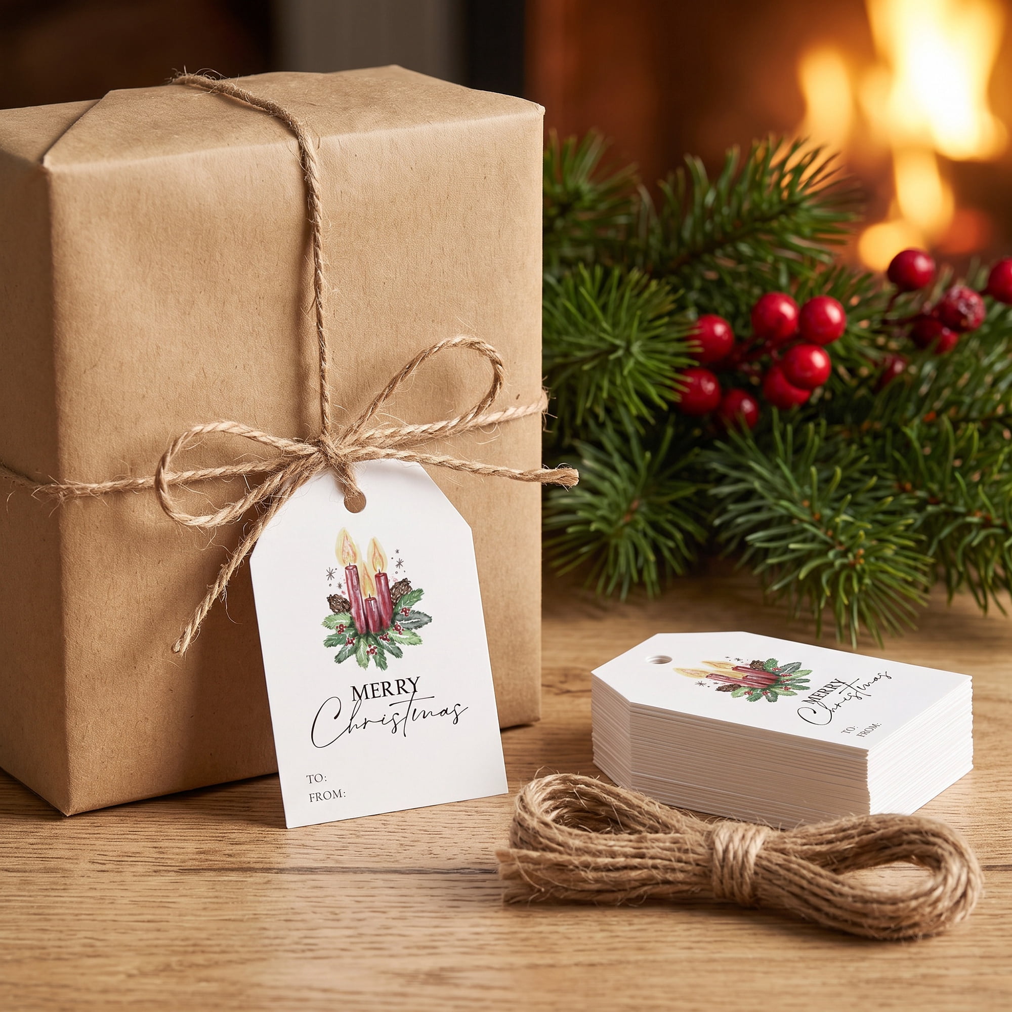 Unique Bargains 100Pcs Thick Gift Wrapping Tags with Twine Candle Wreath 2" x 3.1"