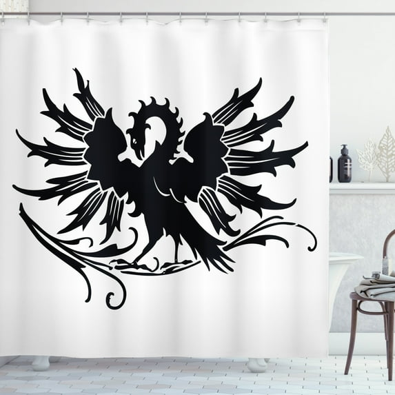 Celtic Shower Curtain, Abstract Fantasy Animal Medieval Eagle Symbol for Culture and Tattoo Design, Fabric Bathroom Set with Hooks, 69W X 84L Inches Extra Long, Black and White, by Ambesonne