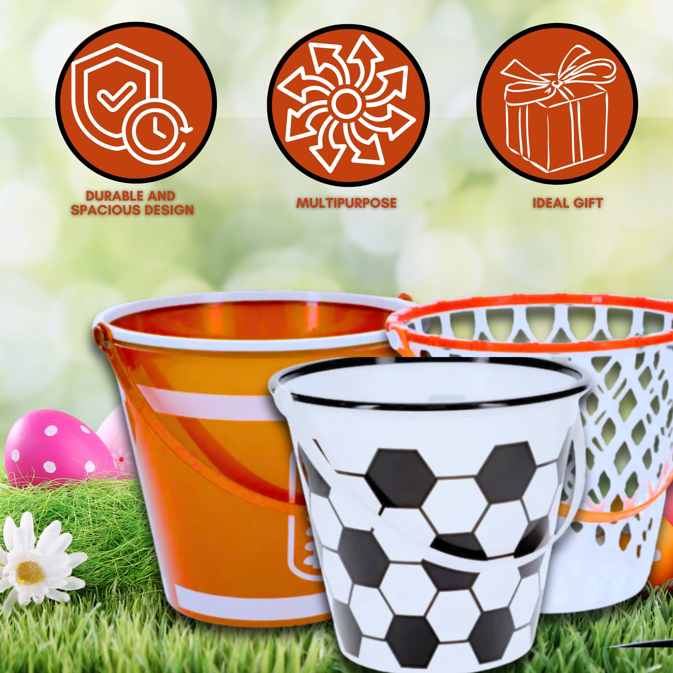 (3) Sports Themed Easter Buckets with Handle, 7-Inch Plastic Basketball Football Soccer Designs Reusable Baskets for Egg Hunts Party Favors Gift Picnic Basket Home Office Organizer