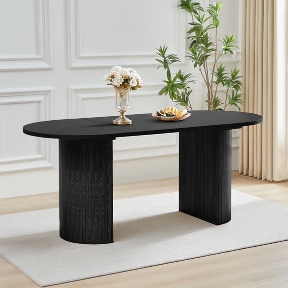 Oval Dining Table for 6 with Semi-circular legs, Modern Large Kitchen Dining Room Table with Wooden Strip Base for Rustic Farmhouse, Meeting Room Reception Room,Tightly(Black)