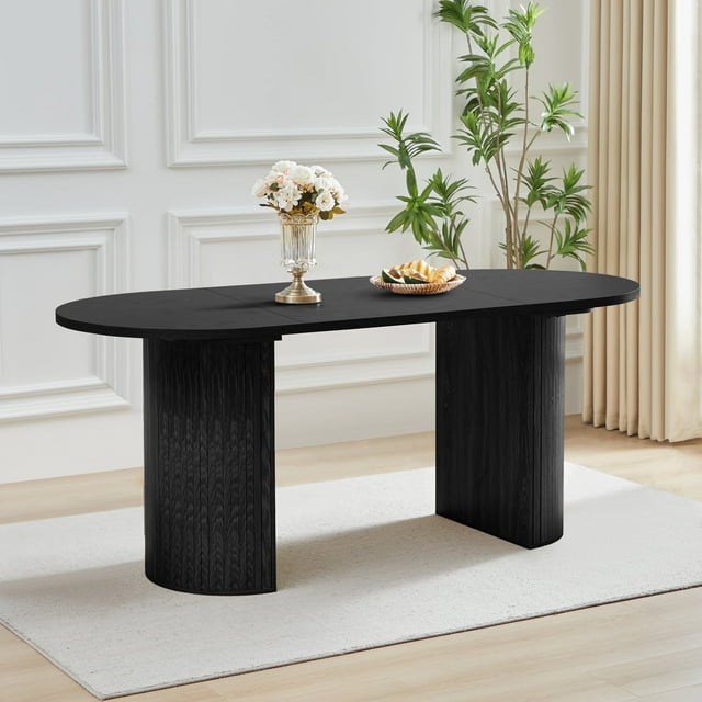 Table à Manger Ovale pour 6 avec Pieds Semi-Circulaires, Grande Table Moderne de Cuisine et Salle à Manger avec Base à Lattes en Bois pour Style Rustique de Ferme, Salle de Réunion Salle de Réception, Serré (Noir)