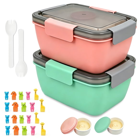 Hima Shilajatun 68 oz Salad Lunch Containers, 2 Pack Salad Bowl with 4-Compartment Tray, Dressing Container, Built-in Reusable Fork, Food Picks