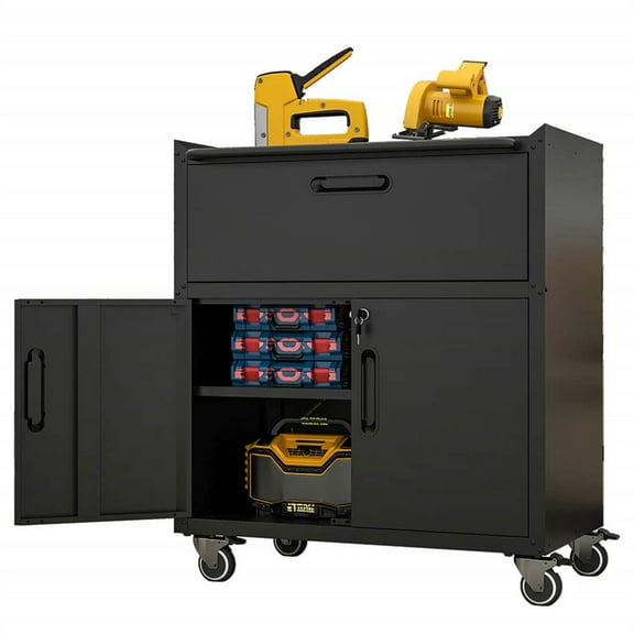 Topcobe Industrial Strength Rolling Tool Cabinet, Garage Storage with 1 Drawer & 2 Locking Doors, Heavy-Duty Metal Cabinet, Mobile Tool Organizer, Black & Gray