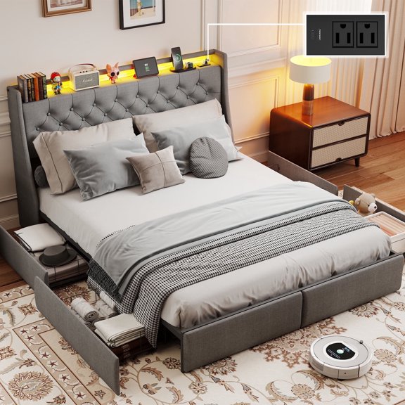 DRNANLIT DRNANLIT Queen Size Bed Frame with 4 Storage Drawers, LED Lights, Charging Station & Upholstered Headboard, Gray