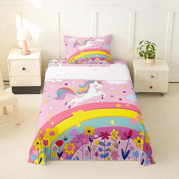 Manfei Dreamy Unicorn Pattern Twin Sheets,Kawaii Flowers Bedding,Pink,3-Piece,1 Fitted Sheet and 1 Pillowcase