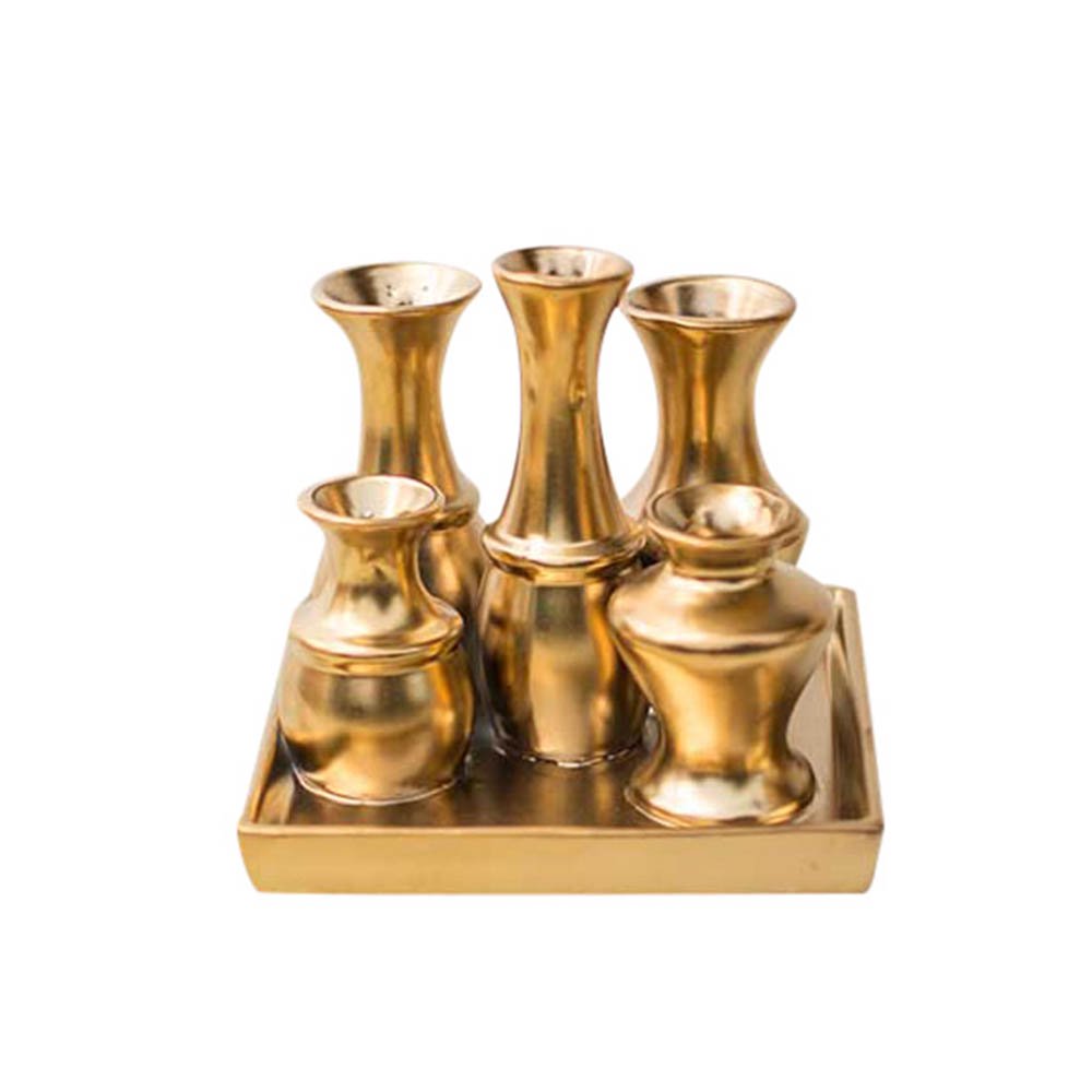 6.5" Square Gold Ceramic Vase Cluster Tray Set with 5 Attached Bud