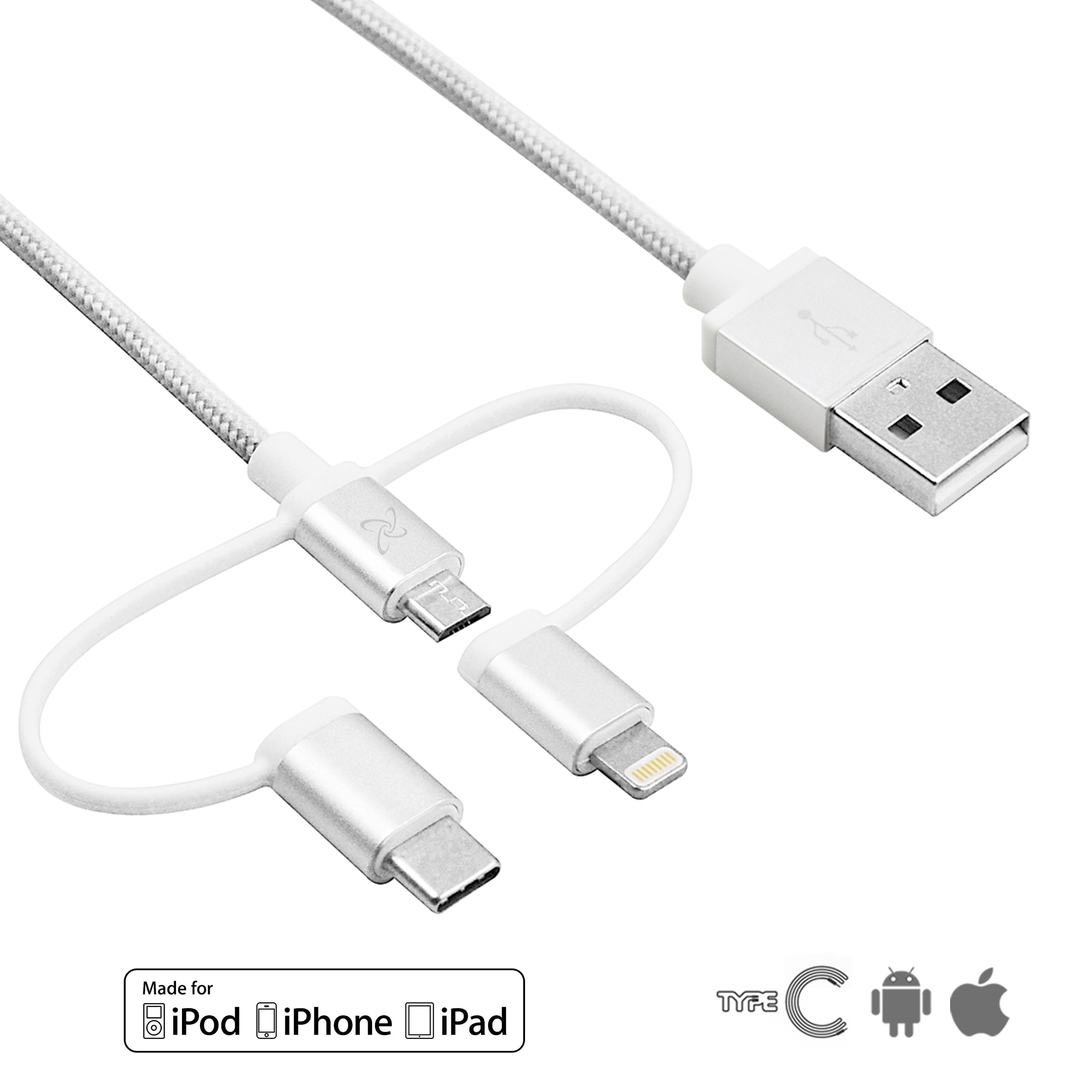 CyberTech 3 in 1 Replacement Cable, Micro USB for iOS, Android Charging and Syncing, Compatible