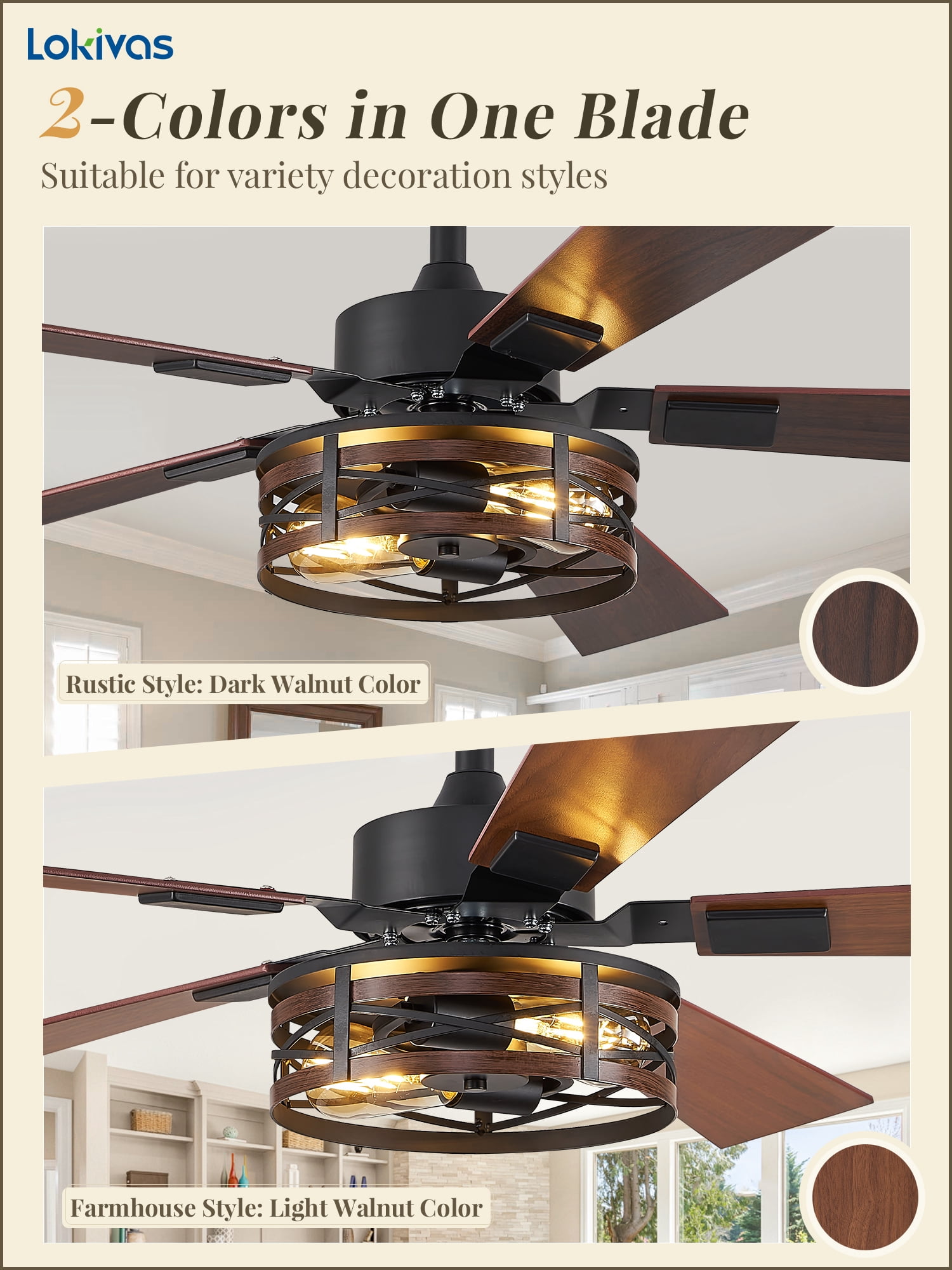 Lokivas 48in Farmhouse Ceiling Fan with Lights, 6-Speed, Remote Control, Quiet DC Motor