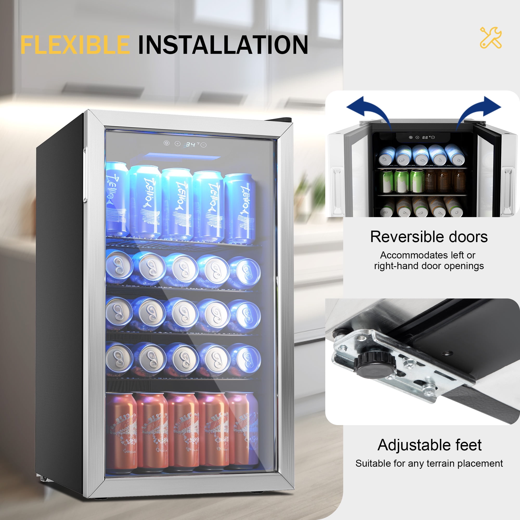 Simzlife 126 Can Beverage Refrigerator and Cooler with Glass Door for Home 17 5 in D 31 5 in H Silver