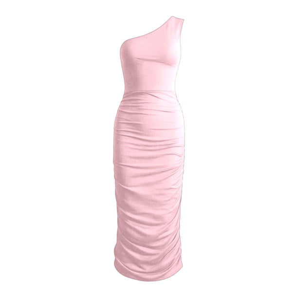 pale pink graduation dresses CUZIBR Wedding Guest For Women Casual Summer Elegant Sleeveless Solid Color Ruched One Shoulder Slim Fit Bodycon Dress Midi Length Formal Party Club Holiday Gowns,Light Pink,S A-line Dresses