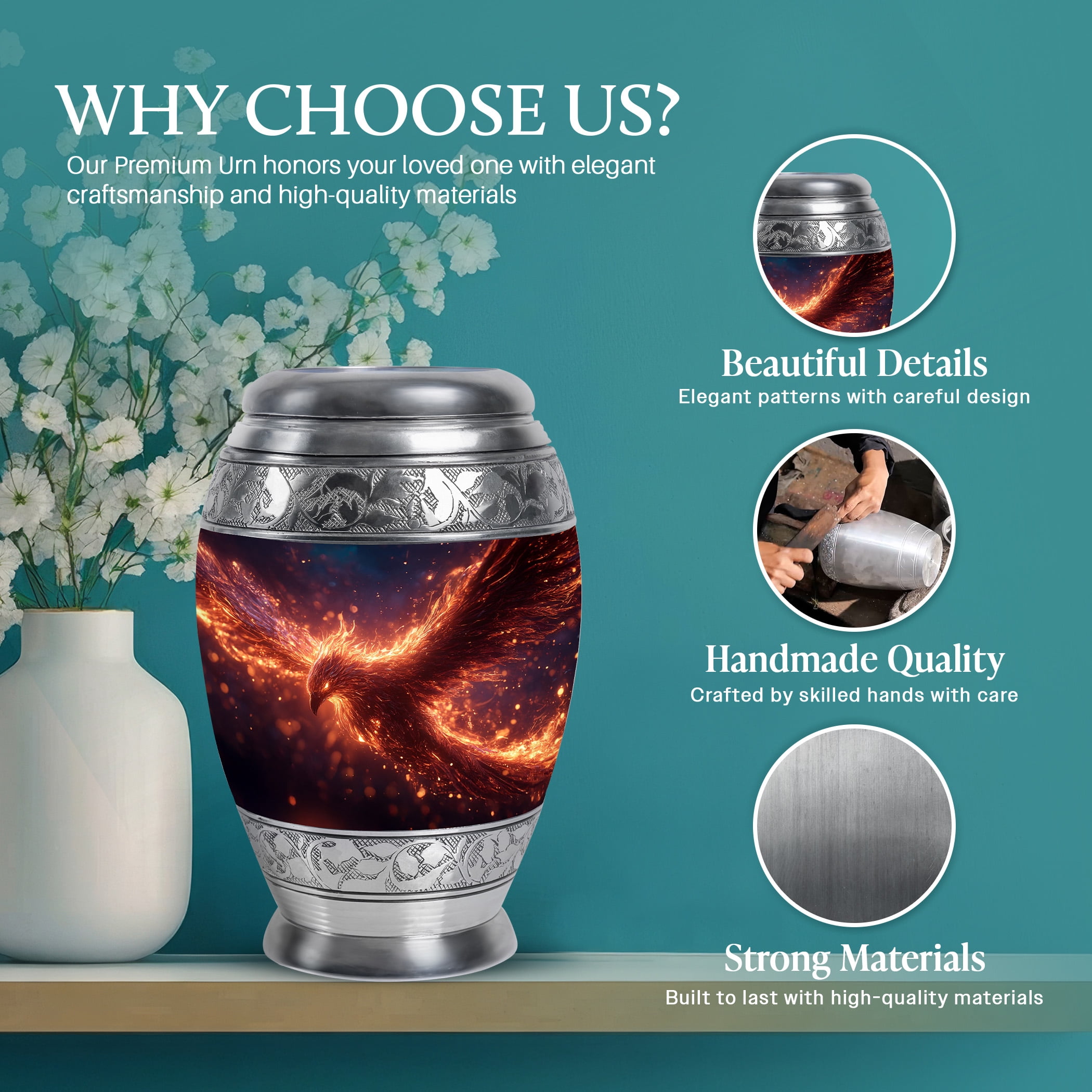 SABURIAL Phoenix Urn - Human Remains Urn For Mom & Dad - Combo - 10 Inch Large With 3 Inch - Memorial Urns For Men & Women - Cremation Keepsakes For Ashes - Burial Urns For Human