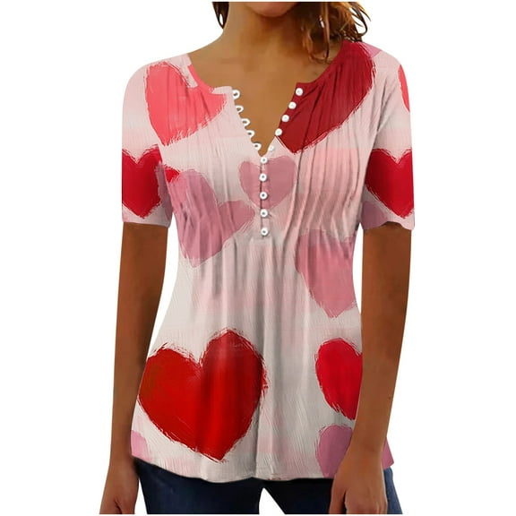 Lmnyox Women's Short Sleeve Shirt Heart Graphic V Neck Button Tunic Tops Valentine's Day Casual T Shirt Clothes