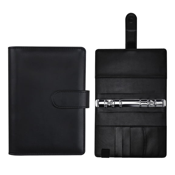 VMWMSSR A6 Pu Leather Ring Binder Notebook Cover, Refillable 6-Ring Planner Binder With Card Slots, Portable Personal Organizer For Office(Black-4.92" × 7.4")